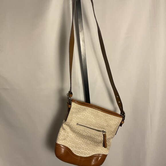 Coach Signature Canvas Crossbody Bag Tan Leather Trim Adjustable Strap - Picture 3 of 9